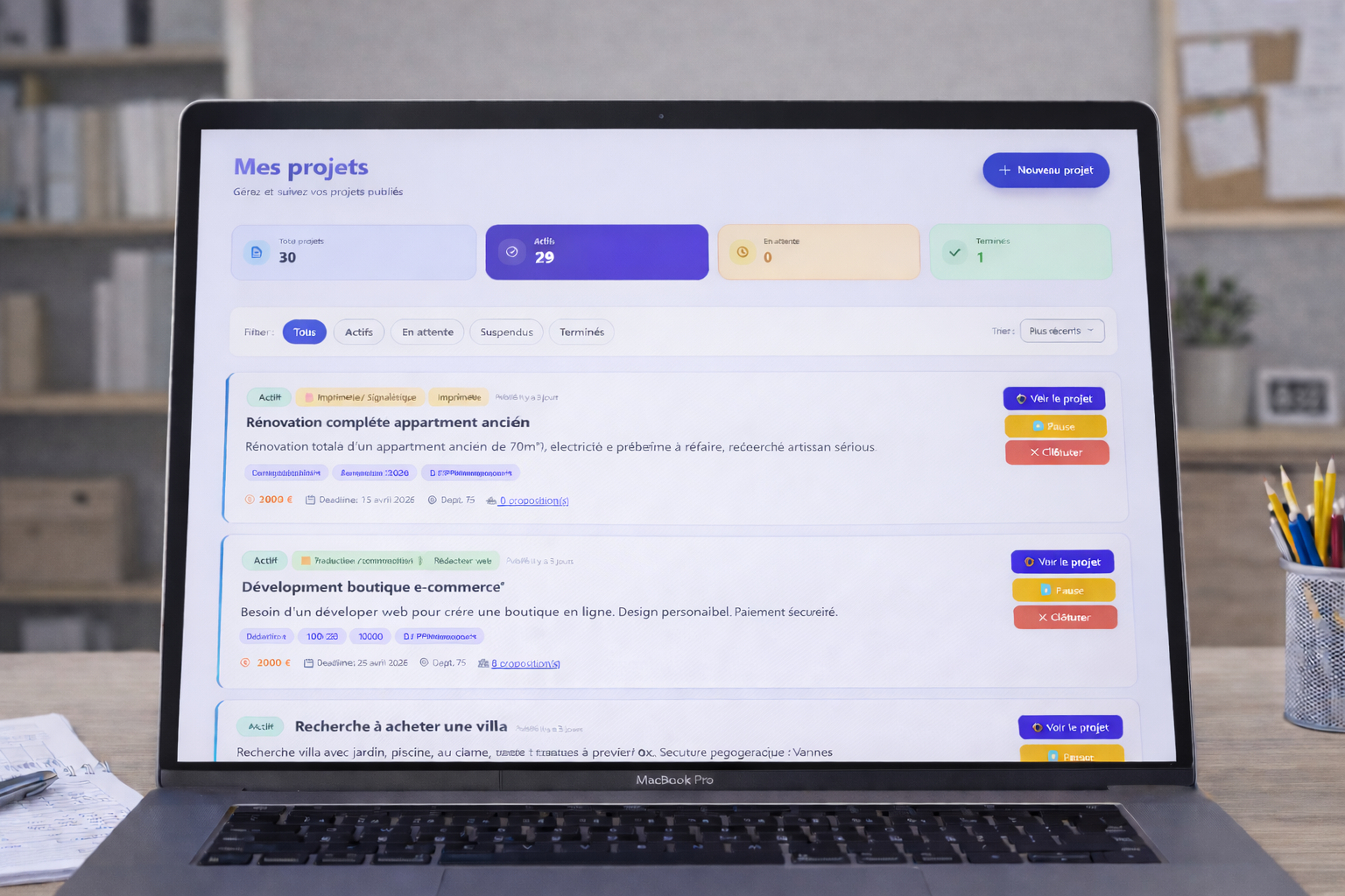Dashboard mes projets SimpleAnnonce